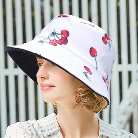Reversible Cherry Print Bucket Hat, White & Black Cotton, Foldable Fisherman Hat - Picture 4 of 9